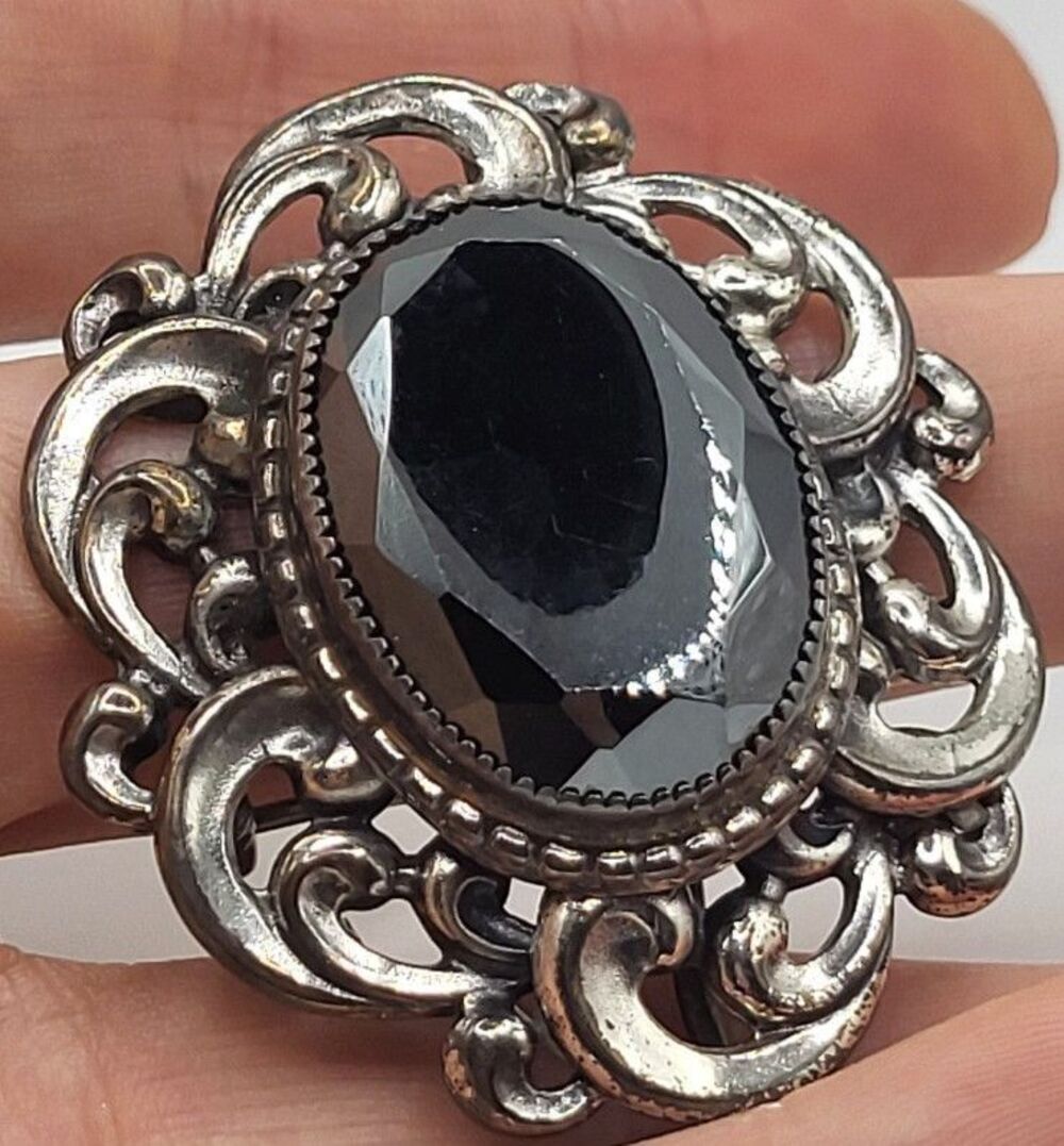 Vntg Danecraft Hematite Sterling Brooch Pendant Serling 925 2in Gothic Signed